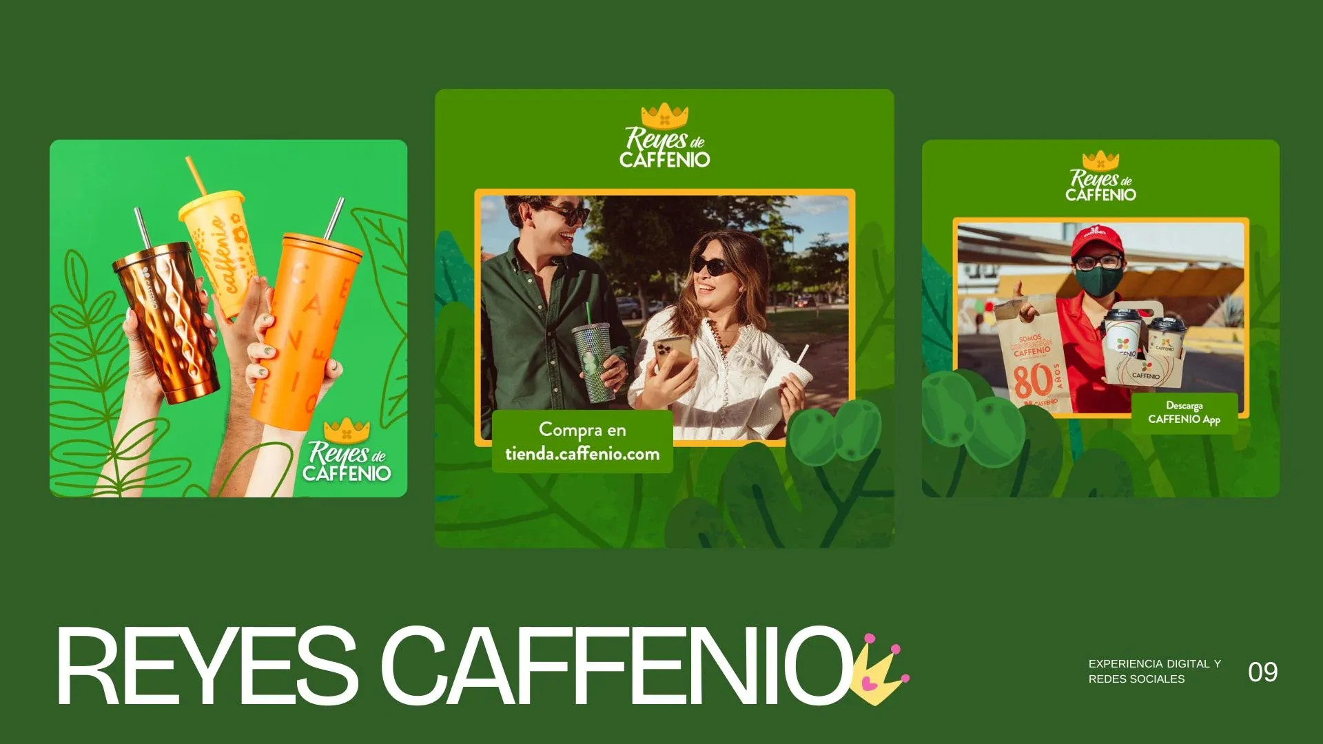 Tres publicaciones de la campaña Reyes de Caffenio con vasos, la tienda en línea y la app de Caffenio