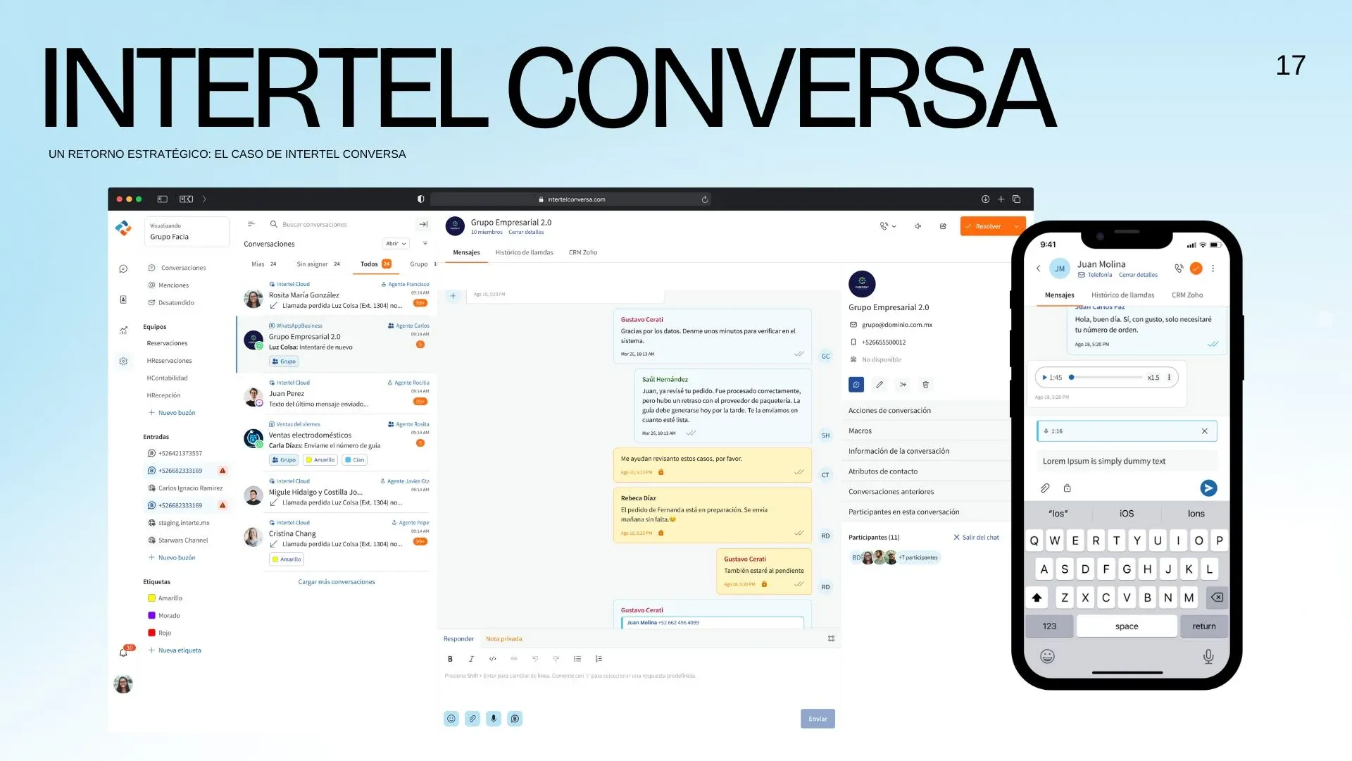 Intertel Conversa en escritorio y en móvil: bandeja de conversaciones y chat de un grupo empresarial