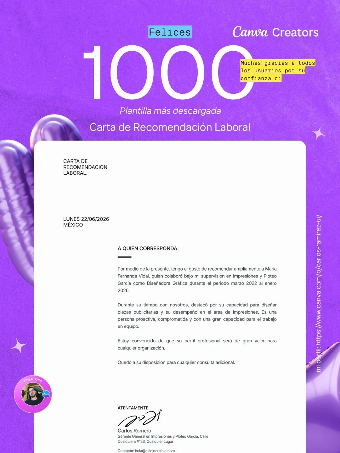 Pieza de celebración por mil descargas de la plantilla Carta de Recomendación Laboral en Canva Creators